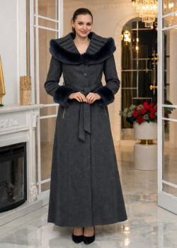 معطف جوخ طويل شتوي بياقة فرو وقبعة 1392 - رمادي