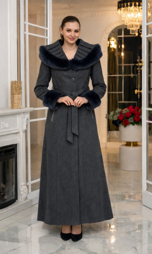 Ribbed Broadcloth Winter Coat with Faux Fur Hood 1392 - Anthracite