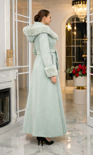 معطف جوخ طويل شتوي بياقة فرو وقبعة 1392 - عفني