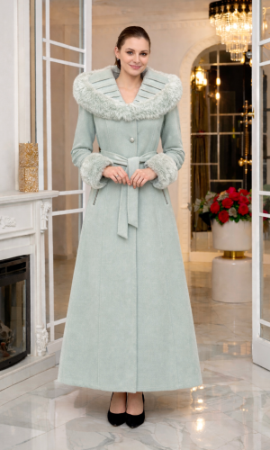 معطف جوخ طويل شتوي بياقة فرو وقبعة 1392 - عفني