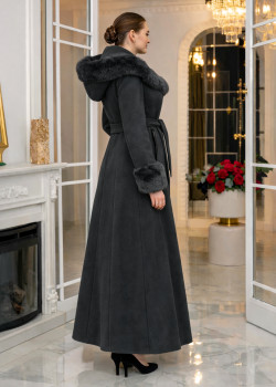 معطف جوخ طويل شتوي بياقة فرو وقبعة 1392 - اسود