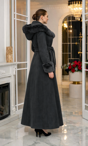 معطف جوخ طويل شتوي بياقة فرو وقبعة 1392 - اسود