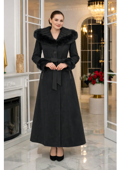 معطف جوخ طويل شتوي بياقة فرو وقبعة 1392 - اسود