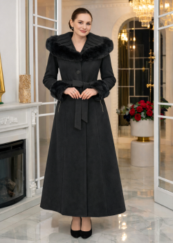 معطف جوخ طويل شتوي بياقة فرو وقبعة 1392 - اسود