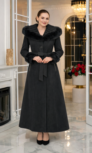 معطف جوخ طويل شتوي بياقة فرو وقبعة 1392 - اسود