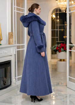 معطف جوخ طويل شتوي بياقة فرو وقبعة 1392 - كحلي