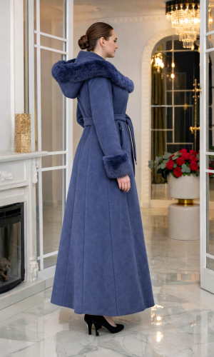 Ribbed Broadcloth Winter Coat with Faux Fur Hood 1392 - deep blue