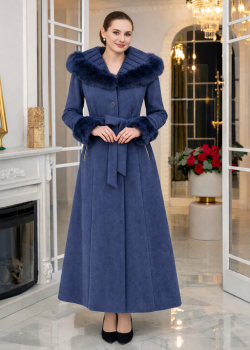 معطف جوخ طويل شتوي بياقة فرو وقبعة 1392 - كحلي