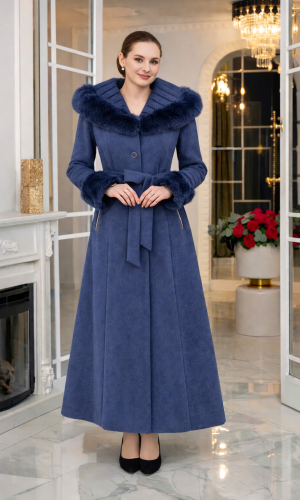 Ribbed Broadcloth Winter Coat with Faux Fur Hood 1392 - deep blue