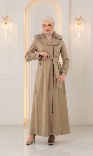 Soft Textured Long Winter Coat with Fur Collar & Zipper 1393 - beige