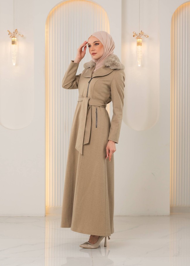 1393 مانطو جوخ ياقة مدورة - بيج