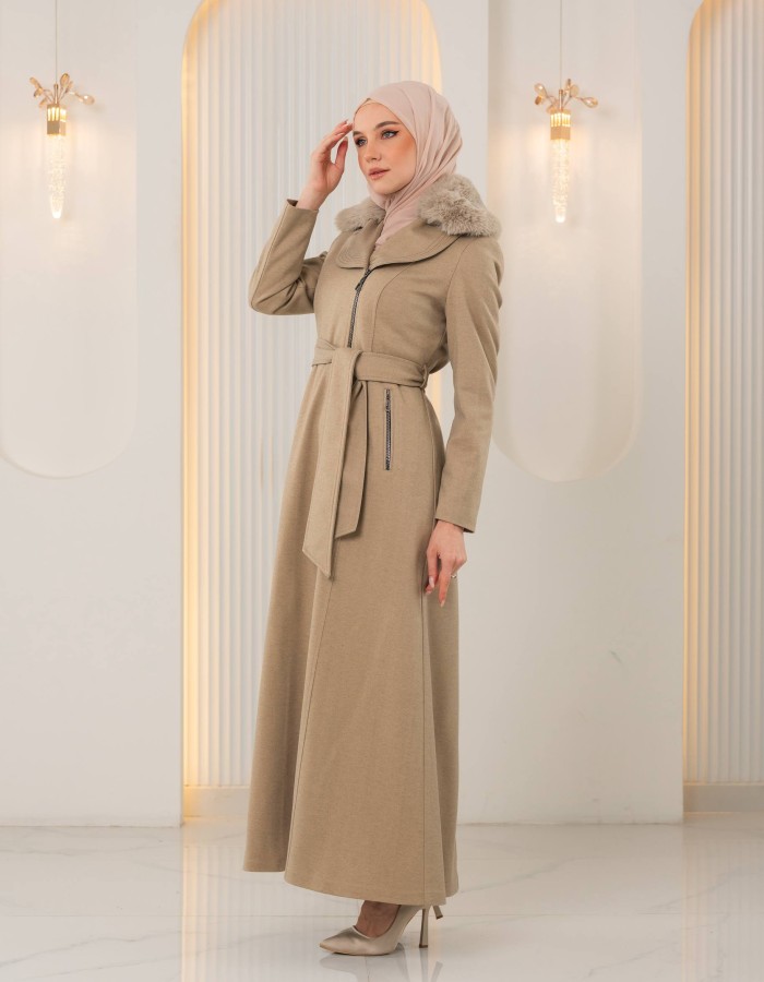 1393 مانطو جوخ ياقة مدورة - بيج