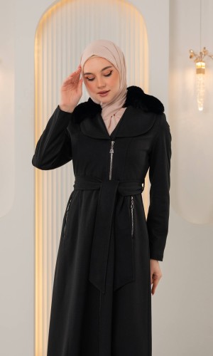 Soft Textured Long Winter Coat with Fur Collar & Zipper 1393 - black