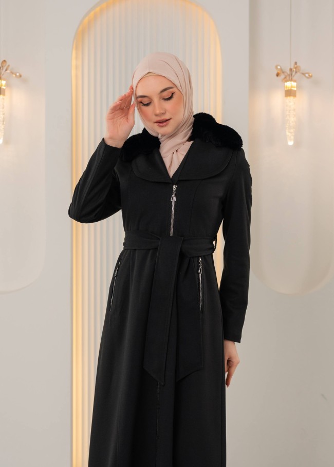 1393 مانطو جوخ ياقة مدورة - اسود