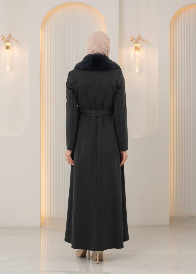 1393 مانطو جوخ ياقة مدورة - رمادي