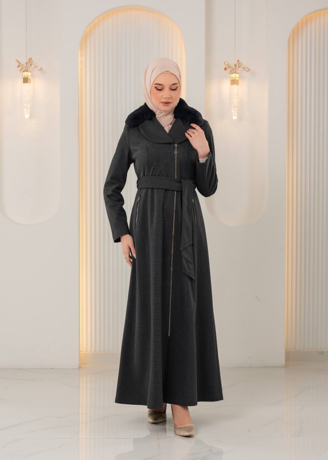 1393 مانطو جوخ ياقة مدورة - رمادي