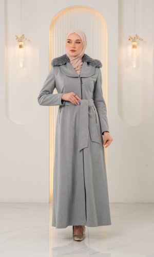 Soft Textured Long Winter Coat with Fur Collar & Zipper 1393 - gray