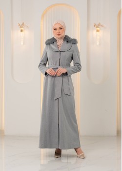 مانطو جوخ ناعم طويل مع ياقة فرو وسحاب 1393 - فضي