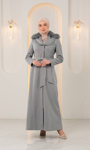 Soft Textured Long Winter Coat with Fur Collar & Zipper 1393 - gray