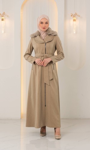 Soft Textured Long Winter Coat with Fur Collar & Zipper 1393 - beige