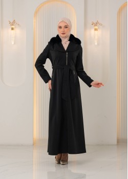مانطو جوخ ناعم طويل مع ياقة فرو وسحاب 1393 - اسود