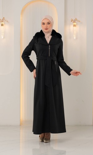 Soft Textured Long Winter Coat with Fur Collar & Zipper 1393 - black