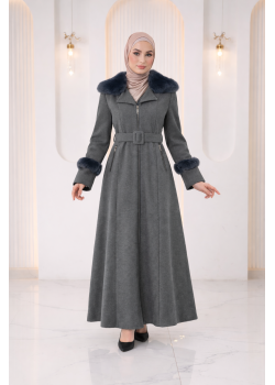مانطو جوخ محزز طويل مع فرو وكمر 1395  - رمادي