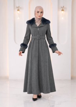 مانطو جوخ محزز طويل مع فرو وكمر 1395  - رمادي