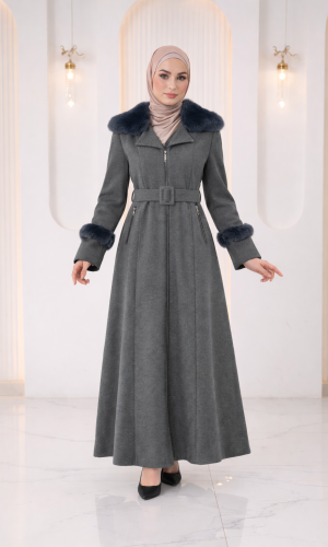 Langer texturierter Mantel mit Pelz 1395  - Anthrazit