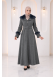 مانطو جوخ محزز طويل مع فرو وكمر 1395  - رمادي