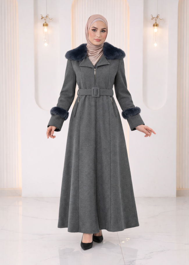 1395 مانطو جوخ كمر قفل  - رمادي