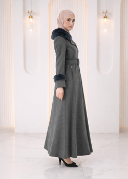 مانطو جوخ محزز طويل مع فرو وكمر 1395  - رمادي