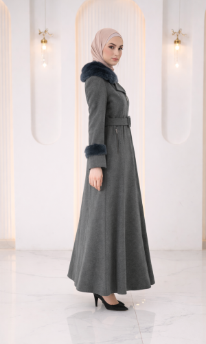 Langer texturierter Mantel mit Pelz 1395  - Anthrazit