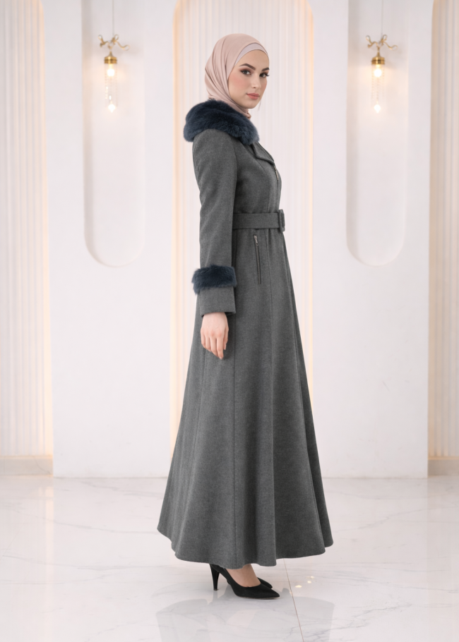 1395 مانطو جوخ كمر قفل  - رمادي