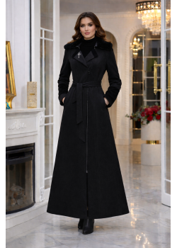 مانطو شاموا نسائي طويل مع ياقة فرو قابلة للإزالة 1396  - اسود