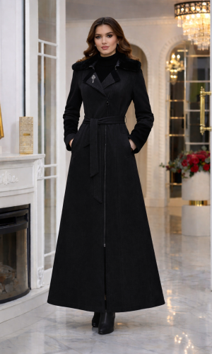 Long Women's Suede Coat with Detachable Fur Collar 1396  - black