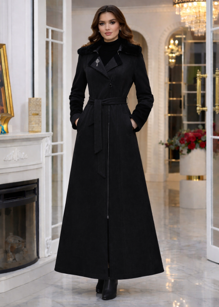 Long Women's Suede Coat with Detachable Fur Collar 1396 - black