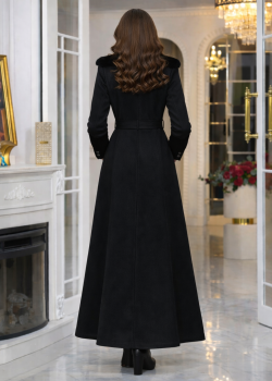 مانطو شاموا نسائي طويل مع ياقة فرو قابلة للإزالة 1396  - اسود