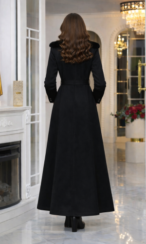 Long Women's Suede Coat with Detachable Fur Collar 1396  - black
