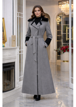 مانطو شاموا نسائي طويل مع ياقة فرو قابلة للإزالة 1396  - فضي