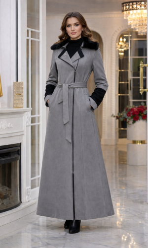 مانطو شاموا نسائي طويل مع ياقة فرو قابلة للإزالة 1396  - فضي