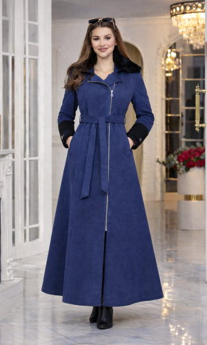 Langer Damen-Mantel aus Wildleder-Optik mit abnehmbarem Fellkragen 1396  - Dunkelblau