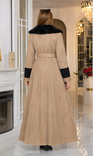 مانطو شاموا نسائي طويل مع ياقة فرو قابلة للإزالة 1396  - بيج