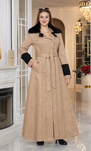 مانطو شاموا نسائي طويل مع ياقة فرو قابلة للإزالة 1396  - بيج