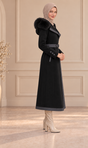 Midi-Wollmantel mit Pelzkragen und Gürtel 1397  - Anthrazit