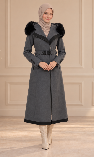 Midi Wool Trench Coat with Fur Collar and Belt 1397  - gray