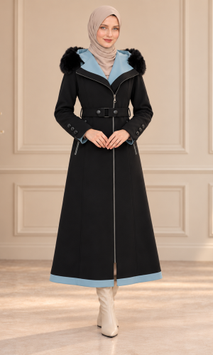 Midi-Wollmantel mit Pelzkragen und Gürtel 1397  - Schwarz