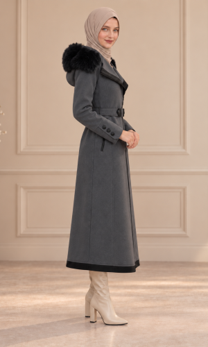 Midi Wool Trench Coat with Fur Collar and Belt 1397  - gray