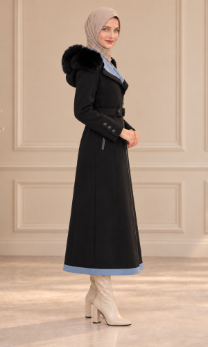 Midi-Wollmantel mit Pelzkragen und Gürtel 1397  - Schwarz