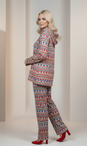 بيجامة نسائية شتوية جوخ فاخر بتصميم هندسي وقبعة 1028 - احمر